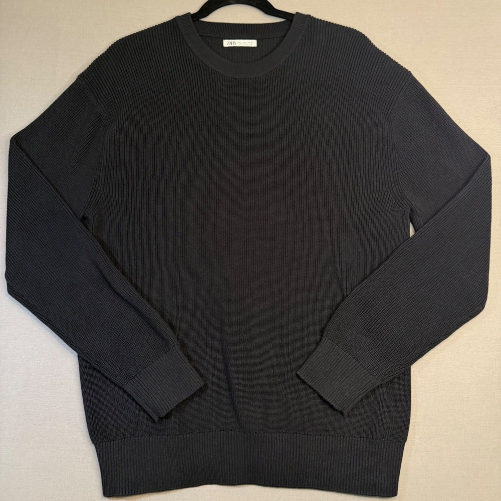 Zara Man Ribbed Knit Sweater Black Crew Neck Long Sleeve Pullover Large